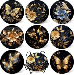 lot 8156 image: 8 Pcs Butterfly Diamond Painting Coasters Kits with Holder,Diamond Art Coasters Set for Drinks Coffee Table, Gem Painting kit for Beginners Adults DIY Art Craft Gifts Black Gold Decors (Butterfly)