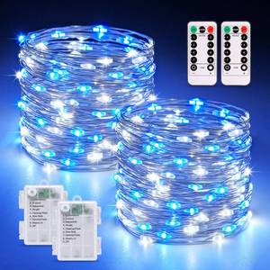 lot 8174 image: JMEXSUSS 2 Pack 100 LED Blue and White Fairy Lights Battery Operated, 33ft Blue and White Christmas Lights with Remote, 8 Modes Battery Powered Twinkle String Lights for Bedroom Christmas Tree Decor