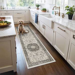 lot 11930 image: Hallway 2x6 Washable Runner Rug Oriental Stain Resistant Kitchen Entryway Rugs Farmhouse Ultra Soft Bathroom Bedroom Print Floor Mat Thin Non Slip Indoor Carpet for Living Room Laudry (2 X 6, Grey)