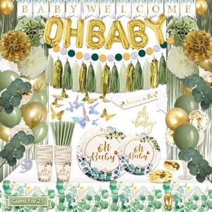 lot 11974 image: Guudmua 217 Pcs Sage Green Baby Shower Decorations, Neutral Baby Shower Decor Supplies- Disposable Dinnerware Set With Eucalyptus Leaf (25 Guest), OH BABYin Banner, Balloon, Sash, Cake Topperin