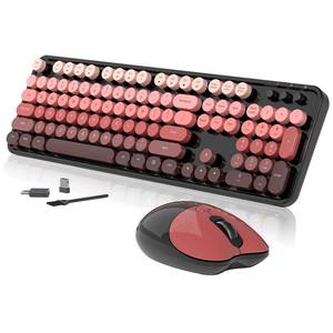 lot 11982 image: Wireless Keyboard and Mouse, 104 Round Keycaps Retro Typewriter with OTG and Brush, Full-Size Ergonomic, Ideal for Windows PC, Home, Office and College Black Pink