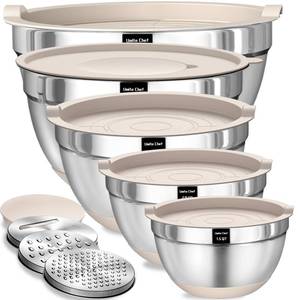 lot 11983 image: Umite Chef Mixing Bowls with Airtight Lids Set, 8PCS Stainless Steel Khaki Nesting Bowls with Grater Attachments, Kitchen Bowls with Non-Slip Bottoms, Size 5, 4, 3.5, 2, 1.5QT for Mixing and Serving