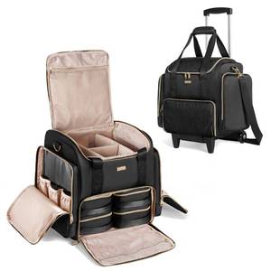 lot 11991 image: Prokva Rolling Makeup Case with 4 Removable Bags, Professional Makeup Train Case with Wheels, Makeup Artist Travel Bag with Brushes Storage Section, Black (Patent Design)