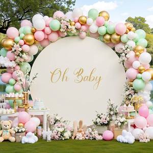 lot 11994 image: FIXORO 7.2FT Ivory Round Backdrop Cover for 5-7.2ft Circle Arch Stand with Oh Baby Decal Sign - Thick Fitted Spandex Arch Backdrop Cover for Baby Shower, Wedding Arch, Birthday Party and Photography