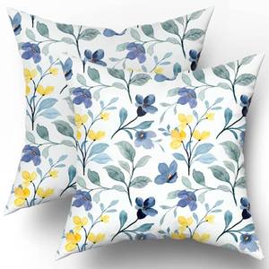 lot 12105 image: Sweetshow Yellow Blue Floral Throw Pillow Covers 18x18 Inch Watercolor Sage Green Leaves Decorative Pillow Case Soft Cotton Square Cushion Covers for Couch Sofa Bedroom Livingroom (Pack of 2)