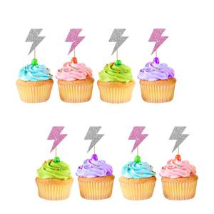 lot 12164 image: 24pcs Lightning Cupcake Toppers, Lightning Bolt Cupcake Toppers, Pink Glitter Weather Cake Decoration for Baby Shower, Lightning Weather Themed Birthday Party Supplies