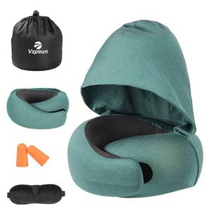 lot 12223 image: Vzpeun Travel Pillow - Hooded Neck Pillow Airplane Memory Foam Filling for Plane, Office, Cars Sleeping, Road Trip, Long Flights, Portable Plane Accessories, Includes Eye Mask and Earplugs (Green)