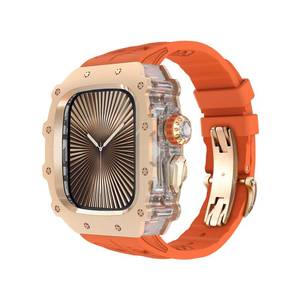 lot 12244 image: 316L Stainless Steel Case for Apple Watch 46mm Fluorine Rubber Band, Mens Luxury Bumper Cover iWatch 1110 46mm Shock-Resistant Case Replacement FKM Strap (46mm, Rose gold)
