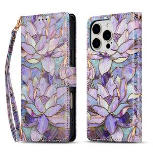 lot 12247 image: QLTYPRI for iPhone 16 Wallet Case, Premium Leather Magnetic UV-Printed Artwork Flip Case with RFID Blocking Card Slots Kickstand Protective Phone Cover for Women Girls - Purple Lotus