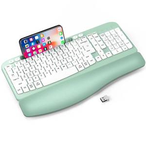 lot 13819 image: Ergonomic Wireless Keyboard with Cushioned Wrist Rest, Wave Keys, Phone Holder, Comfortable Natural Typing, 2.4GHz Full Size Cordless USB Computer Keyboard for Windows, Mac OS, Laptop, PC (Mint Green)