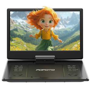 lot 13824 image: POFOTO 15.7 Portable DVD Player with 14.1in HD Swivel Screen, 6-Hour Rechargeable Battery, Dual Speakers, USBSDTV Sync, Supports Multiple Disc Formats, Black Not Support Blu-Rayin