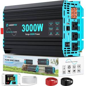 lot 13847 image: LANDERPOW 3000 Watt Pure Sine Wave Inverter 12V DC to 120V AC for RV, Truck, Solar, Home, Off-Grid, Power Inverter with 3 AC Outlet, 30W USB-C, 5V 3.1A USB, Hardwire Port, Remote Control, Surge 6000W