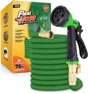 lot 13859 image: Flexi Hose with 8 Function Nozzle, 50FT - Lightweight Expandable Garden Hose, No-Kink Flexibility, 34 Inch Solid Brass Fittings and Double Latex Core - Green