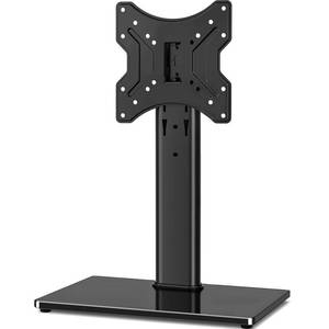 lot 13860 image: Rfiver Universal Swivel Tabletop TV Stand for Flat Screens 23 24 26 32 39 40 42 43 Inch, Heavy Duty Center Pedestal Stand Replacement with Black Tempered Glass Base and Height Adjustable Mount