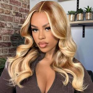 lot 14343 image: Omswet Highlight 5x5 HD Lace Body Wave Closure Human Hair Bob Wigs for Black Women Glueless Pre Plucked Pre Bleached Human Hair Wig 200 Density #427 Wear And Go Body Wave Bob Wig 16 Inch