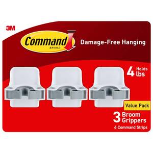 lot 14392 image: Command Broom Grippers, 3 Hangers and 6 Strips, Damage-Free Mop and Broom Holder Wall Mount, Household Cleaning Tool Organizer for Kitchen, Laundry Room, Closet, Holds up to 4 lb