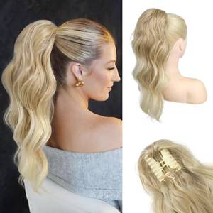 lot 14396 image: HOOJIH Clip in Ponytail Extension, Ponytail Extension 18 Inch Hair Ponytail Extension Wavy Ponytail Clip on Ponytail Synthetic Ponytail Hair Pieces for Women - Ombre Deep Blonde and Light Blonde