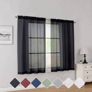 lot 14404 image: Simplebrand Black Short Sheer Curtains 45 Inch Length for Small Windows, Rod Pocket 2 Panels Set Solid Voile Drapes Window Sheer Curtains for Bedroom Bathroom Kids Room Kitchen, 42x45 Inch