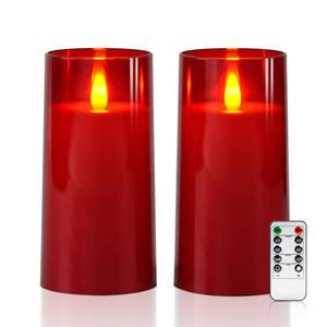 lot 14452 image: Raycare Flameless Electronic Pillar Candles with Remote Control and Timer- Battery Operated Realistic Flickering LED Fake Candle for Home, Wedding, Valentinefts Day Decor, Red,Set of 2(3x6in6in)in