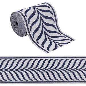 lot 14458 image: OLYCRAFT 5.5 Yards Jacquard Ribbon Trim 3.4 Inch Leaf Striped Jacquard Polyester Ribbons Marine Blue Gray Leaf Jacquards Woven Embroidery Trim for DIY Sewing Crafts Handmade Bag Belt Clothing Decor