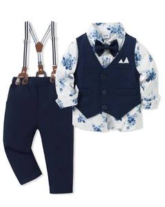 lot 14466 image: SOLOYEE Toddler Baby Boy Suit 12-18 Months Boys Gentleman Wedding Formal Outfits Long Sleeves ShirtBowtieVestSuspender Pants Toddler Suits (12-18 Months, Navy Blue)