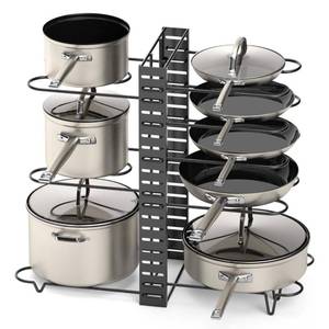 lot 19538 image: Vdomus Pot Rack Organizer with 3 DIY Methods, Black Metal Kitchen 8 Pots Holder, Height and Position are Adjustable Cabinet Pantry Pot Lid Holder (Upgraded)
