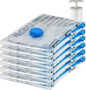 lot 19542 image: Amazon Basics Vacuum Storage Bags for Clothes, Space Saving Compression Storage Bags with Hand Pump, Heavy Duty, Stackable, Jumbo Size, Clear, 6-Pack