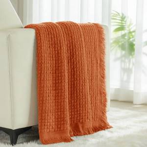 lot 19544 image: Exclusivo Mezcla Knit Throw Blanket with Fringes for Couch, Reversible Super Soft and Warm Woven Boho Throw for All Season, Home Decor, 50x60in, Burnt Orangein