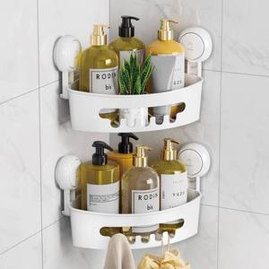 lot 19557 image: LEVERLOC Corner Shower Caddy Suction Cup, shower shelves suction cup, 2 Pack Basket Powerful Bathroom, Waterproof and Oil-proof Organizer for Kitchen, No-Drilling Removable
