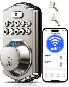 lot 19558 image: Veise VE012W Built-in WiFi Fingerprint Smart Lock, App Remote Control, Compatible with Alexa and Google Assistant, Keyless Entry for Front Door, Digital Keypad Deadbolt, Auto Lock, Satin Nickel