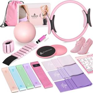 lot 19576 image: Pilates Kit 19PCS, Pilates Essentials Kit for Women, Pilates Equipment with 14.5 Pilates Ring and Ball, 8 Resistance Bands, Ankle Weights, Sliders and Grip Socks Accessories for Starter Home Workoutsin
