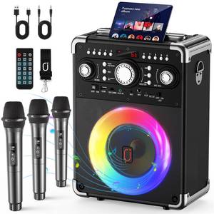 lot 1688 image: HWWR Karaoke Machine, Portable Bluetooth 5.3 Speaker with 3 Wireless Microphones for Adults, PA System with Echo Adjustment, Support TWSTF CardUSBAUXTVs Connected for Home PartyOutdoorEvents etc