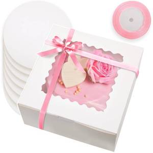 lot 1704 image: Bakepacker 36pcs 8x8x5 Inches Cake Boxes with Window 18-Packs White 8 Inch Bakery Boxes (18 Cake boxes 18 Cake Boards10 Meters Silk Ribbon Includes)