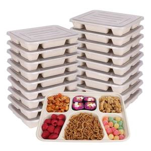 lot 1707 image: JAYEEY Sugarcane Fiber 40 oz 6 Compartments disposable plates with Lids Bagasse Plant Fibers Freezer Safe 25 Pack