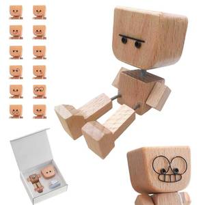 lot 2002 image: Shaking Wooden Man Figurine, Shaking Feet Woodens Doll with 12Pcs Magnetic Expressions, Handmade Shaking Wooden Man Car Dashboard Decorations