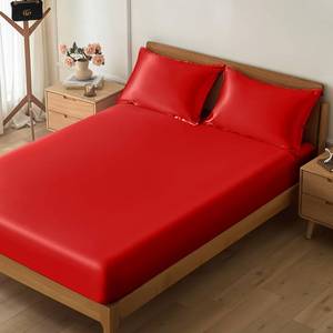 lot 2009 image: VACVELT 3-Piece Satin Fitted Sheet Set Queen Size, Red Bottom Bed Sheet with 2 Pillowcases, Similar to Silk Sheets, Luxury & Silky Bedding Set, 15 Inch Deep Pocket