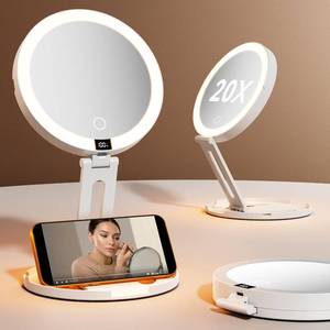 lot 2012 image: eeuuty Travel Makeup Mirror with Lights (Gen 3) - 20X1X Dual Sided Magnifying Mirror with Digital Power Display - Rechargeable, 3 Color Dimmable, CRI 95 - Portable Folding Design