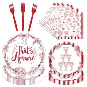 lot 2037 image: musaeva Thats Amore Party Decorations - 96 PCS Red Pizza and Wine Theme Disposable Plates Napkins and Forks Dinnerware, Wedding Engagement Party Tableware Supplies Serve 24
