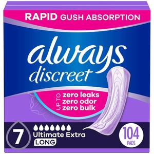 lot 2041 image: Always Discreet Adult Incontinence Pads for Women, Drier vs Poise, 7 Drop Long Length, Ultra Absorbency, Pads for Bladder Control Management, Bladder Leaks, Overnight & Postpartum Pads, 104ct