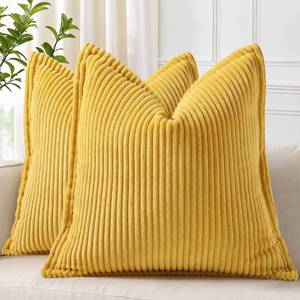 lot 2061 image: decorUhome Spring Corduroy Mustard Yellow Throw Pillow Covers 16x16 Set of 2 Decorative Soft Boho Farmhouse Couch Pillow Covers for Living Room Bed Sofa Broadside Striped Pillow Cases