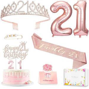 lot 2489 image: 21st Birthday Gifts Decorations for Her, Including 21st Cake Toppers, Birthday Queen Sash with Pearl Pin, Sweet Rhinestone Tiara Crown, Number Candles and Balloons Set, Rose Gold