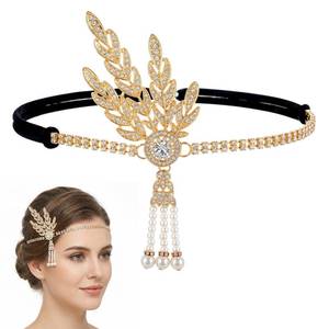 lot 4318 image: JJUNW 1920s Flapper Headband, Leaf Rhiestones Headpiece Bride Wedding Head Bands Pearl Tassel Headdress 1920s Headpiece for Women(Gold)