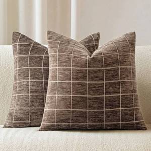 lot 4340 image: Aesthaboho Decorative Chenille Plaid Throw Pillow Covers 20x20 Inch Set of 2 Vintage Check Couch Pillows Neutral Boho Farmhouse Cushion Covers Modern Home Decor for Sofa Bed Living Room Taupe Grey