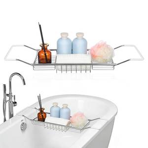 lot 4385 image: Cabilock Bathtub Tray - Stainless Steel Bathtub Caddy, Expandable Extra Wide Bath Tub Organizer, Rust-Resistant Over The Tub Shelf Rack with Non-Slip Grips for Phone Book Wine Glass, Silver