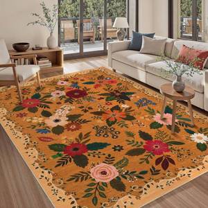 lot 5009 image: GarveeHome 5x7 Area Rug Boho Floral Rug Non Slip Low Pile Stain Resistant Machine Washable Large Rugs for Living Room, Bedroom, Farmhouse, Dining Room, Kids Playroom, Orange