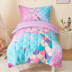 lot 5027 image: VIVILINEN Toddler Bedding Set for Girls 4-Piece Mermaid Tail Toddler Comforter Sets for Baby Purple Blue Toddler Bed Bedding Baby Bedroom Set, Include Comforter, Flat Sheet, Fitted Sheet, Pillowcase