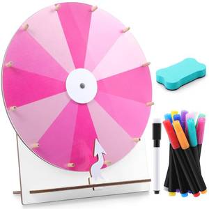 lot 5035 image: Memorywuu 11.4 Inch Spinning Wheel Erasable Raffle Spin The Wheel Game with Stand and Arrow Wooden Prize Tabletop Spinner Raffle Roulette for Wedding Family Bridal Party Baby Shower Games(Pink)
