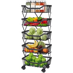 lot 5036 image: Newzealkids Fruit Vegetable Storage Basket 5 Tiers Stackable Metal Wire Fruit Basket Kitchen Cart with Wheels Vegetable Storage Holder for Onions Potatoes Bread Snack Veggie, Black