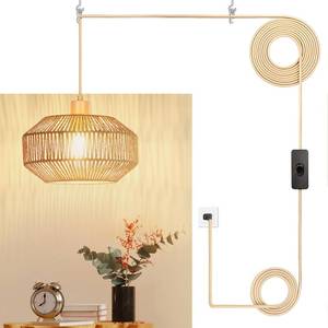 lot 5047 image: Qingmiao Plug in Pendant Light Paper Woven Rattan Hanging Lights Boho Hanging Lamp Rustic Farmhouse Pendant Lights for Kitchen Dining Room Bedroom Entryway, with 3-Way Dimmable Bulb (Woven)