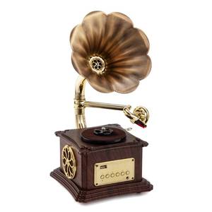 lot 5055 image: Mini Gramophone Vintage Copper Horn Record Player with Bluetooth, USB, AUX, FM Radio and Built-in Speakers for Gift Home Decor